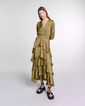 Атласное платье с рюшами Maje, цвет Kaki