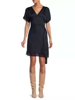 Атласное платье с V-образным вырезом и поясом Dkny, цвет New Navy