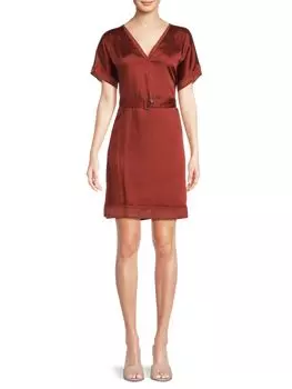 Атласное платье с V-образным вырезом и поясом Dkny, цвет Russet