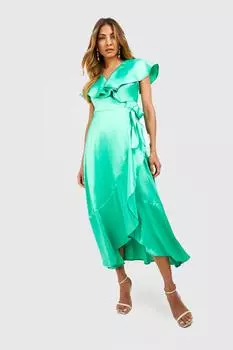 Атласное платье с запахом Boohoo, зеленый