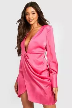 Атласное платье с запахом и драпой Boohoo, розовый