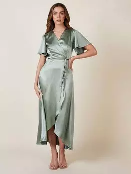 Атласное платье с запахом и подолом Rewriting Florence, Sage