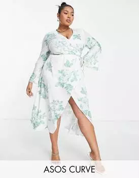 Атласное платье с завязками на талии ASOS DESIGN Curve белого и зеленого цветов