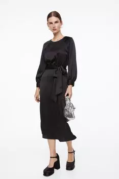Атласное платье с завязывающимся поясом H&M, черный