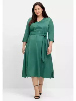 Атласное платье Sheego "Большие размеры" с рукавами 3/4 и завязкой, зеленый