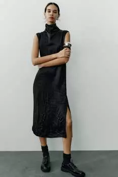 Атласное платье со складками ZARA, черный
