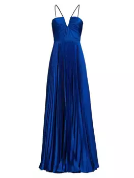 Атласное плиссированное платье цвета индиго Ml Monique Lhuillier, синий