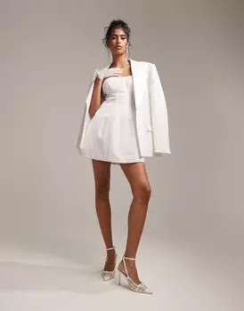 Атласное свадебное платье мини с квадратным вырезом ASOS DESIGN цвета слоновой кости