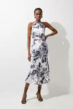 Атласное тканое платье-миди с абстрактным цветочным принтом и бретельками на бретельках Karen Millen, фиолетовый