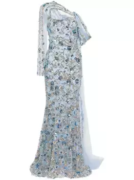 Атласное вечернее платье с открытыми плечами и бусинами Saiid Kobeisy, синий