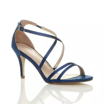 Атласные босоножки на каблуке с перекрещенными ремешками и пряжкой на высоком каблуке AJVANI, синий