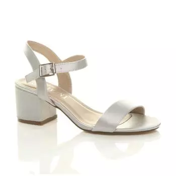 Атласные босоножки на каблуке с ремешком на щиколотке на среднем каблуке AJVANI, серебро