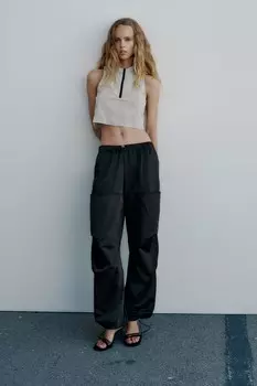 Атласные брюки parachute ZARA, черный