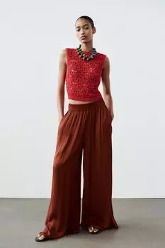 Атласные брюки с эластичным поясом ZARA, коричневый