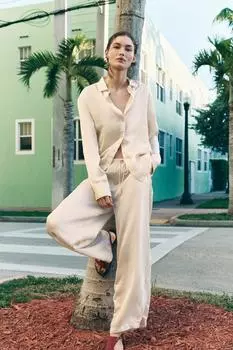 Атласные брюки с кружевной отделкой ZARA, устрично-белый