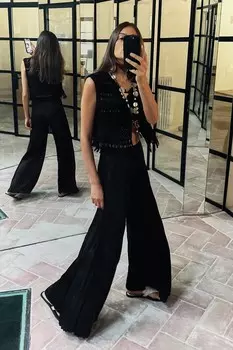 Атласные брюки с мятным эффектом ZARA, черный