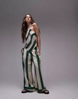Атласные брюки Topshop co-ord средней посадки с глубокими манжетами бежевого цвета с полосками бордового и бирюзового цвета