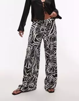 Атласные брюки Topshop с абстрактным принтом ракушек, однотонные, серого цвета