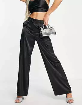 Атласные широкие брюки карго черного цвета ASOS