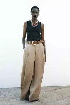 Атласные широкие брюки с поясом ZARA, цвет Brown/Taupe