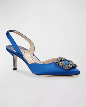 Атласные туфли-лодочки с ремешком на пятке Hangisi Kitten-Heel Manolo Blahnik