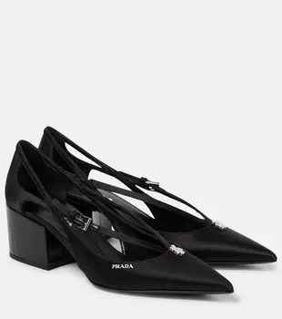 Атласные туфли-лодочки с вырезами и декором Prada, черный