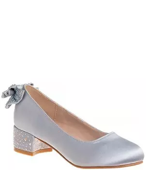 Атласные туфли на блочном каблуке Badgley Mischka для девочек с бантом на спине и стразами (молодежная), серебро