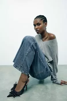 Атласные туфли на высоком каблуке с многобантикой ZARA, черный