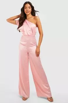 Атласный асимметричный комбинезон с рюшами Boohoo, розовый