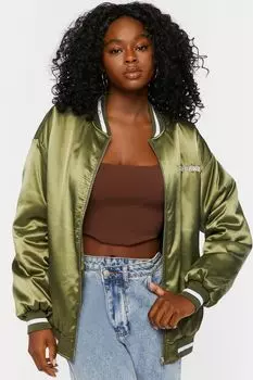 Атласный бомбер с вышивкой Forever 21, оливковый