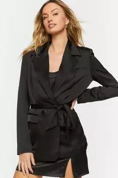 Атласный двубортный пиджак с поясом Forever 21, черный