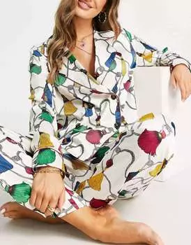 Атласный двубортный пижамный комплект с узкими брюками и узкими брюками премиум-класса Chelsea Peers с кремовым принтом с кисточками