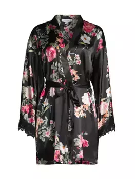 Атласный халат Holiday Romance с кружевной отделкой и цветочным принтом In Bloom, черный