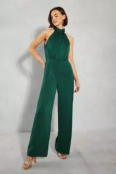Атласный комбинезон для подружек невесты с бретелькой на шее и широкими штанинами Oasis, зеленый