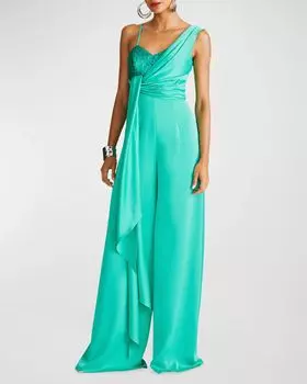 Атласный комбинезон с драпировкой и пайетками Khi Halston, цвет Vivid Green