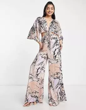 Атласный комбинезон с мраморным принтом и рукавами-кимоно ASOS DESIGN