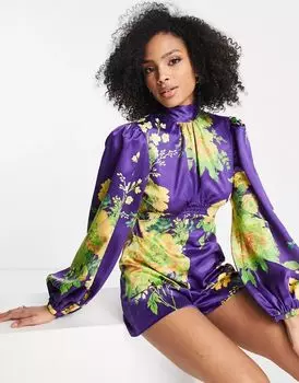 Атласный комбинезон с пышными рукавами ASOS с объемным цветочным принтом