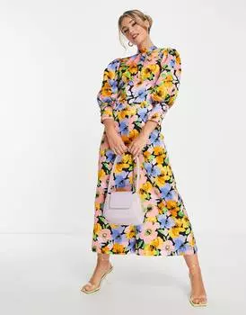 Атласный комбинезон с пышными рукавами и открытой спиной ASOS DESIGN с ярким цветочным принтом ASOS DESIGN