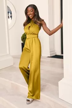 Атласный комбинезон с широкими штанинами и вырезом через шею Lipsy, зеленый