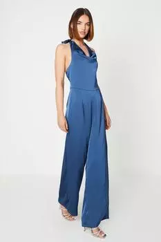 Атласный комбинезон с воротником-хомутом и завязками на шее Oasis, темно-синий