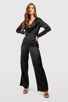 Атласный комбинезон с вырезом и широкими ногими Boohoo, черный