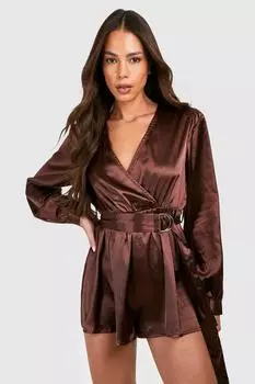 Атласный комбинезон с запахом boohoo, коричневый