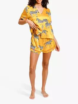 Атласный короткий пижамный комплект Chelsea Peers с принтом зебры, горчичный