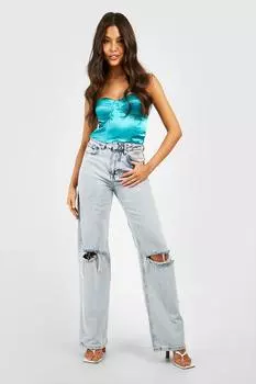 Атласный корсетовый топ без бретек Boohoo, синий