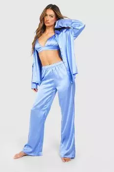 Атласный пижамный комплект из трех предметов с брюками boohoo, синий