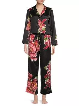 Атласный пижамный комплект Natori Black из 2 предметов с цветочным принтом, floral