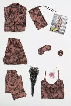 Атласный пижамный комплект «Зебра» из 7 предметов, плитка FOR YOU MODA