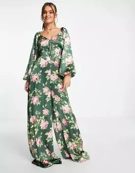 Атласный повседневный комбинезон с завязками на спине ASOS с цветочным принтом