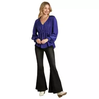 Атласный топ Baby Doll с V-образным вырезом и оборками, с манжетами и длинными рукавами FASHNZFAB, цвет sapphire