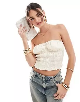 Атласный топ-бандо цвета слоновой кости со сборками ASOS DESIGN